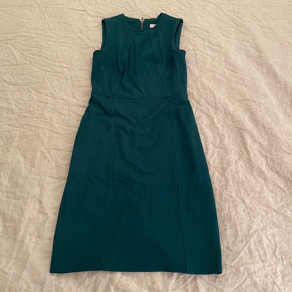 Sleeveless hunter green dress with brass zipper detail by Loft.